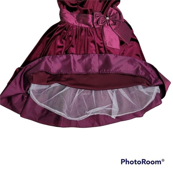 RARE EDITIONS Burgundy Velvet Taffeta Bow Jeweled Holiday‎ Dress Size 14 - Picture 11 of 15